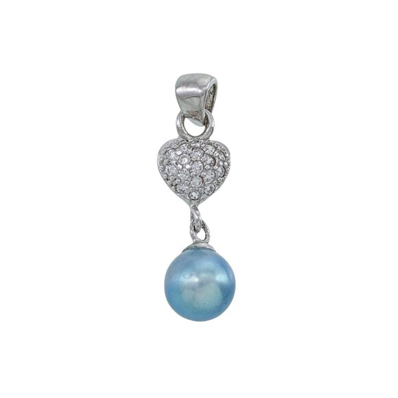 Vintage Sterling Silver 925 Pave Cubic Zirconia Heart Blue Pearl Dangle Pendant - Picture 1 of 5